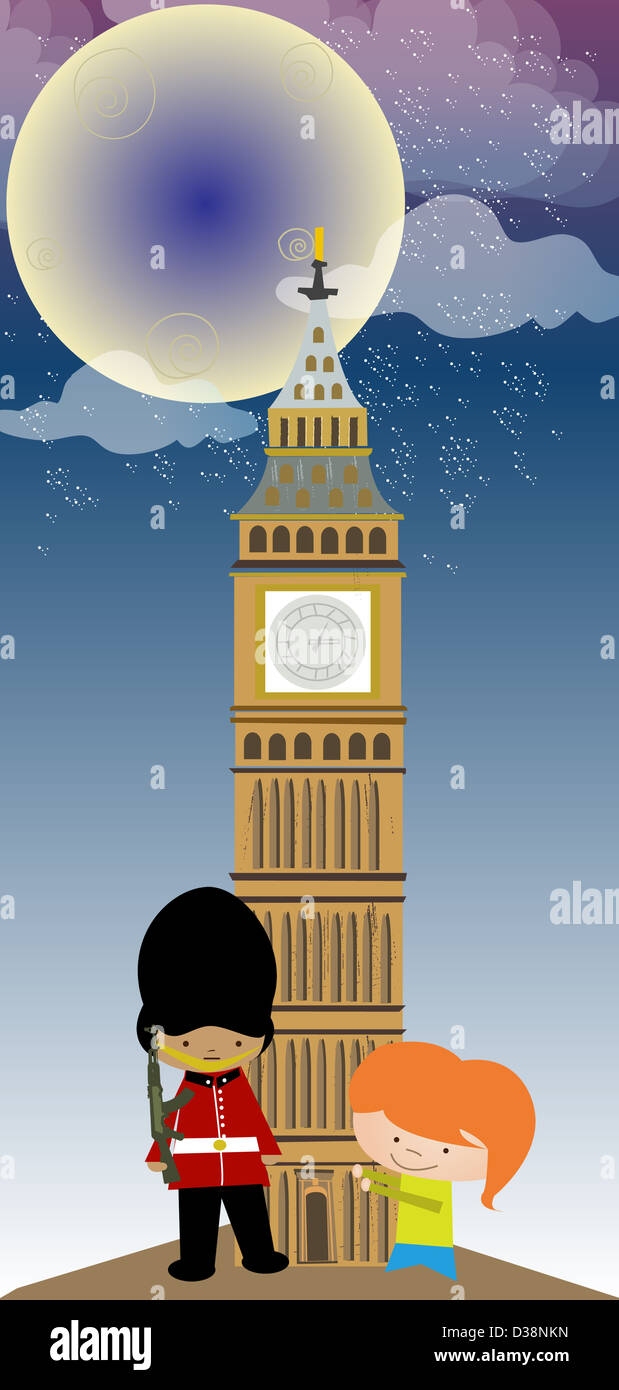 Mädchen stehen mit einer Ehrenwache vor der ein Clock Tower, Big Ben, Houses Of Parliament, City Of Westminster, London, England Stockfoto