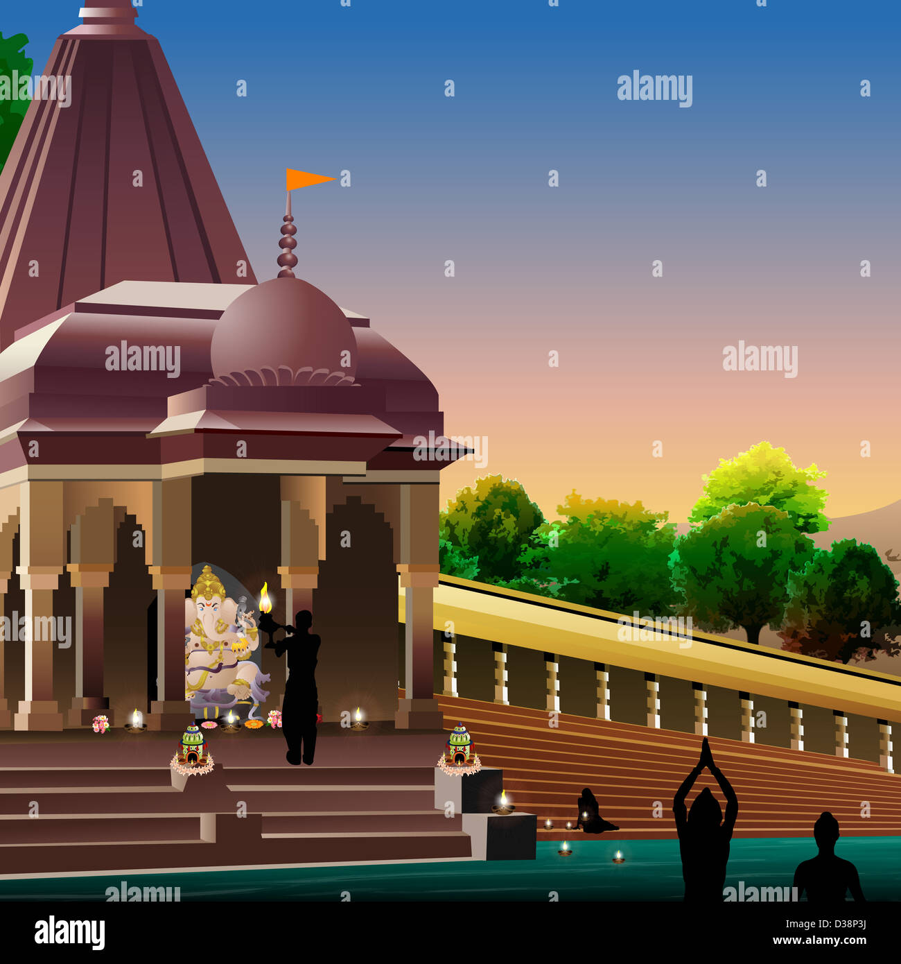 Anhänger verehren Lord Ganesha am Ghat, Indien Stockfoto