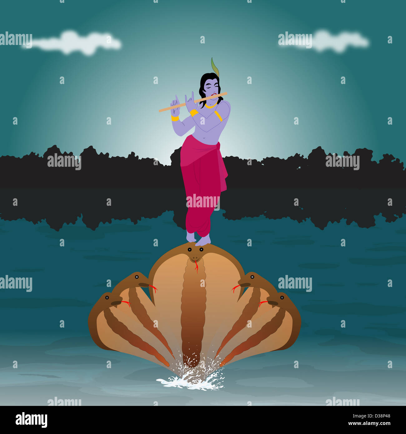 Lord Krishna spielt Querflöte auf den Kopf des Kaliya cobra Stockfoto