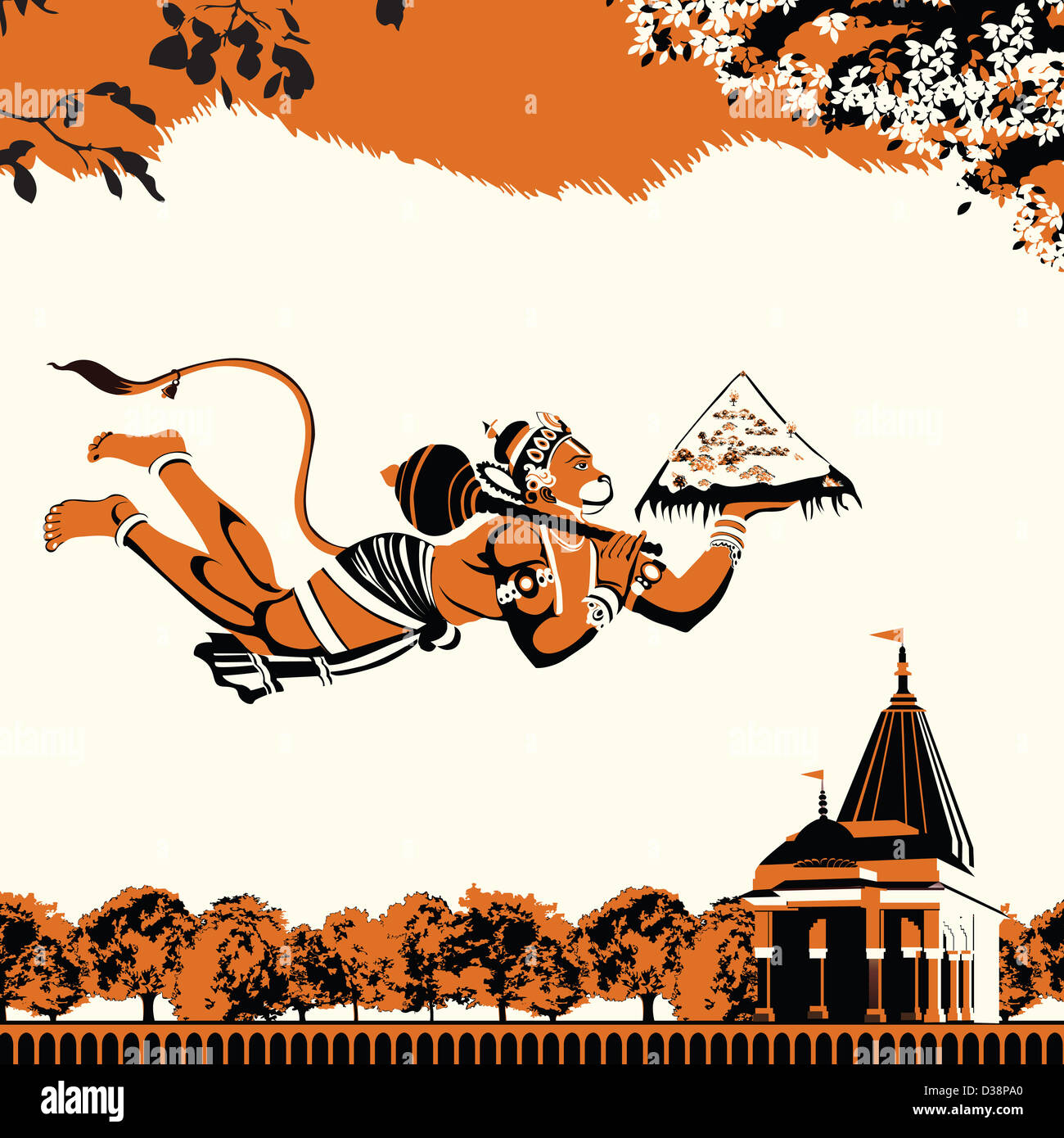 Lord Hanuman fliegen mit Dronagiri Berg Stockfoto
