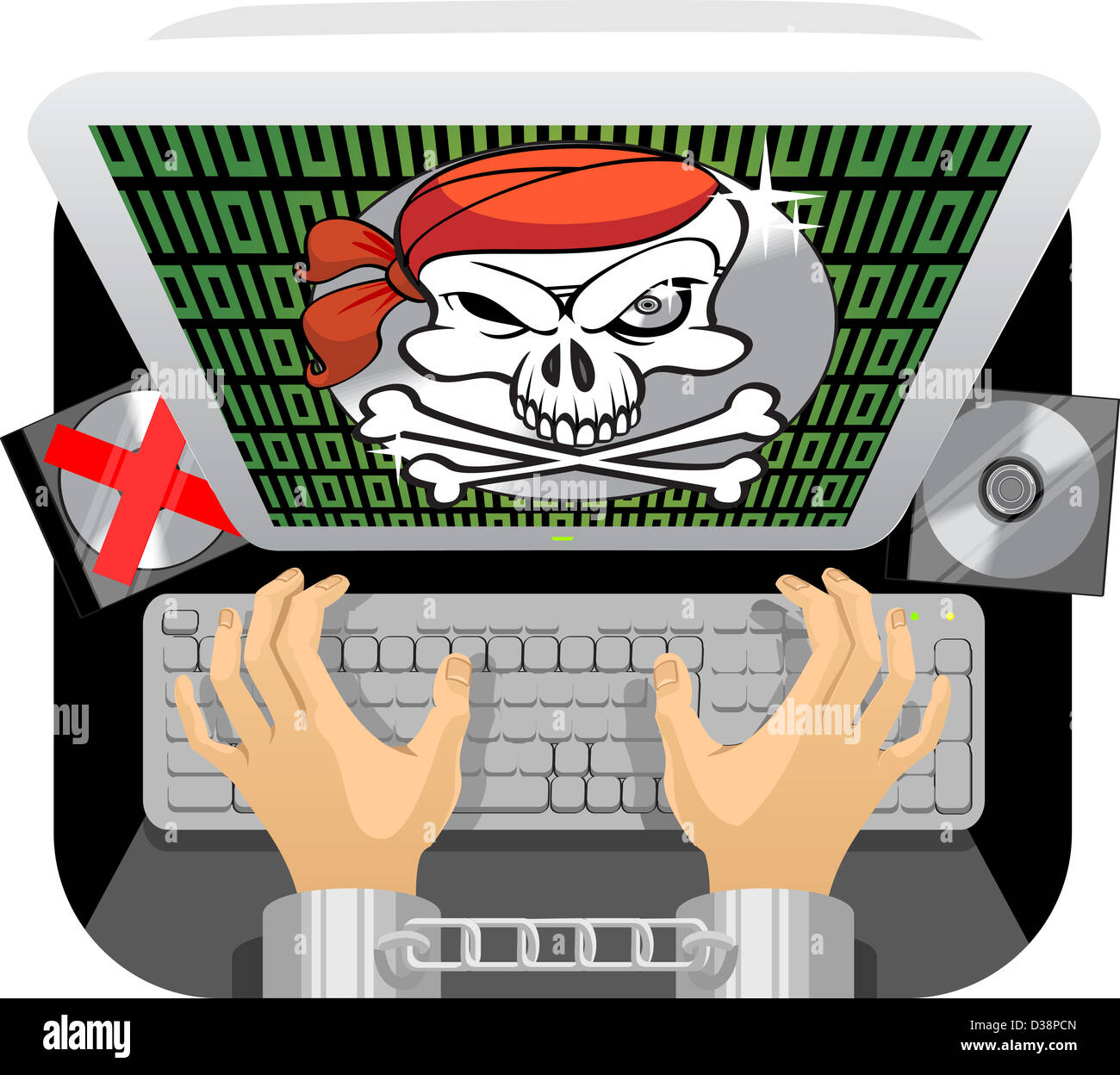 Gefesselte Person Hand über eine Tastatur mit anti-Piraterie-Nachricht blitzte auf dem Computerbildschirm Stockfoto