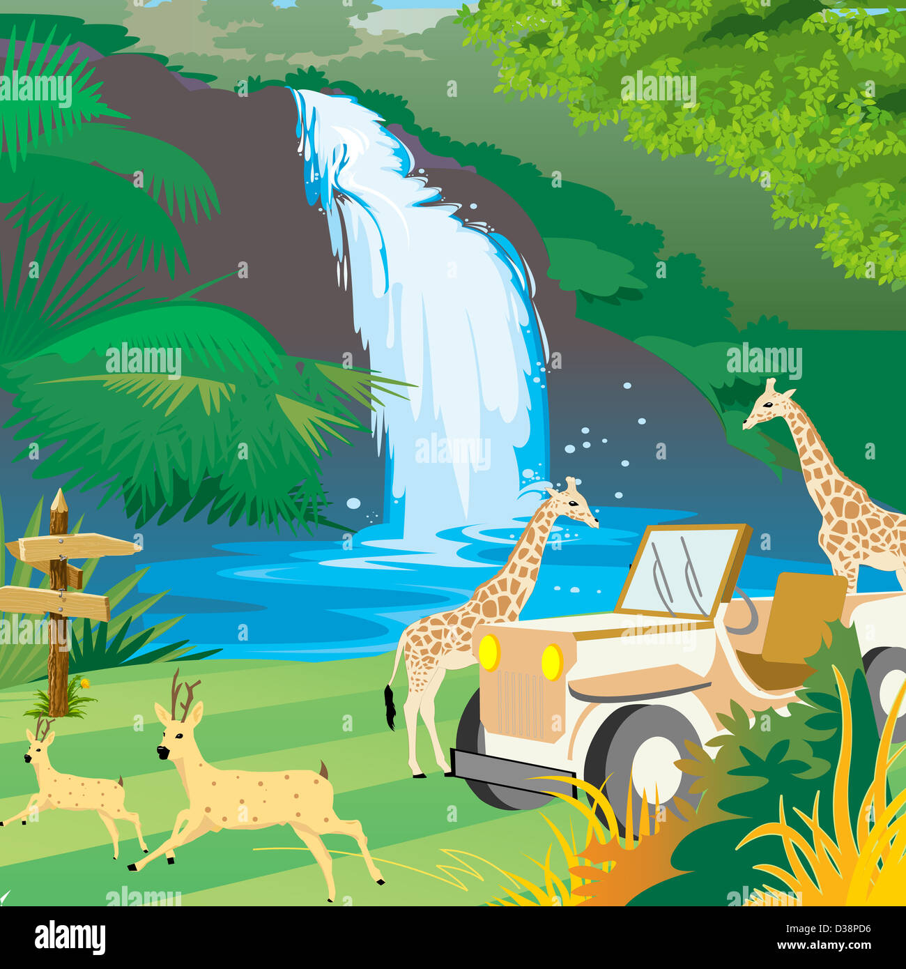 Tiere mit einem Jeep in der Nähe eines Wasserfalls Stockfoto