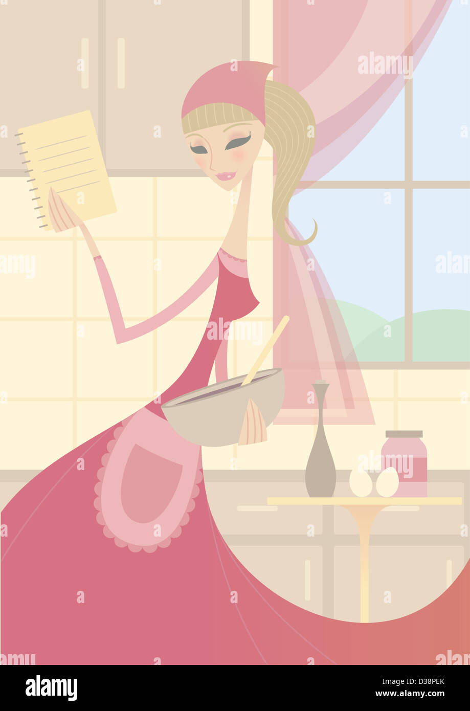 Frau, die Zubereitung von Speisen in der Küche mit Hilfe von Rezept-Buch Stockfoto