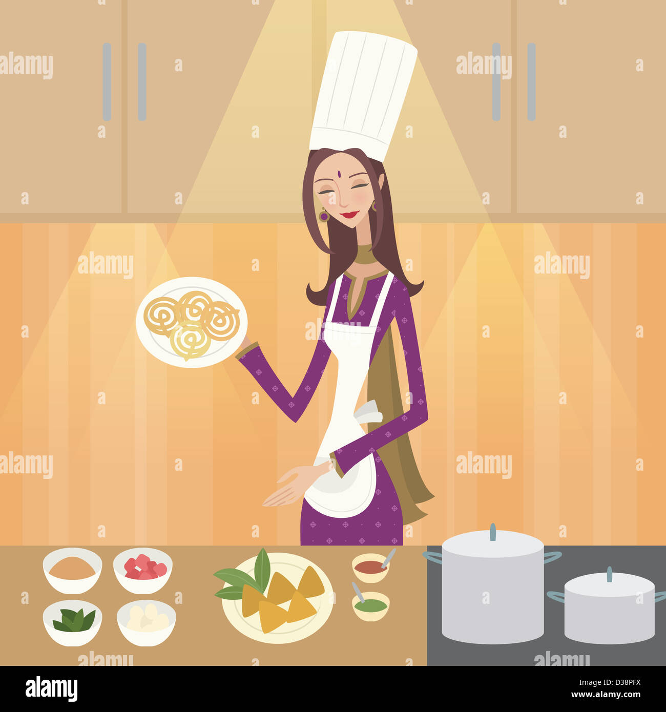Köchin zeigt indisches Essen Stockfoto