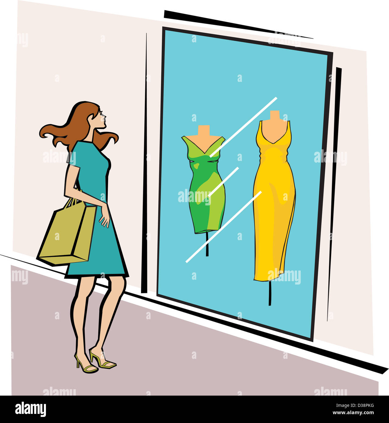 Frau stehend vor einem Bekleidungsgeschäft mit Einkaufstasche Stockfoto