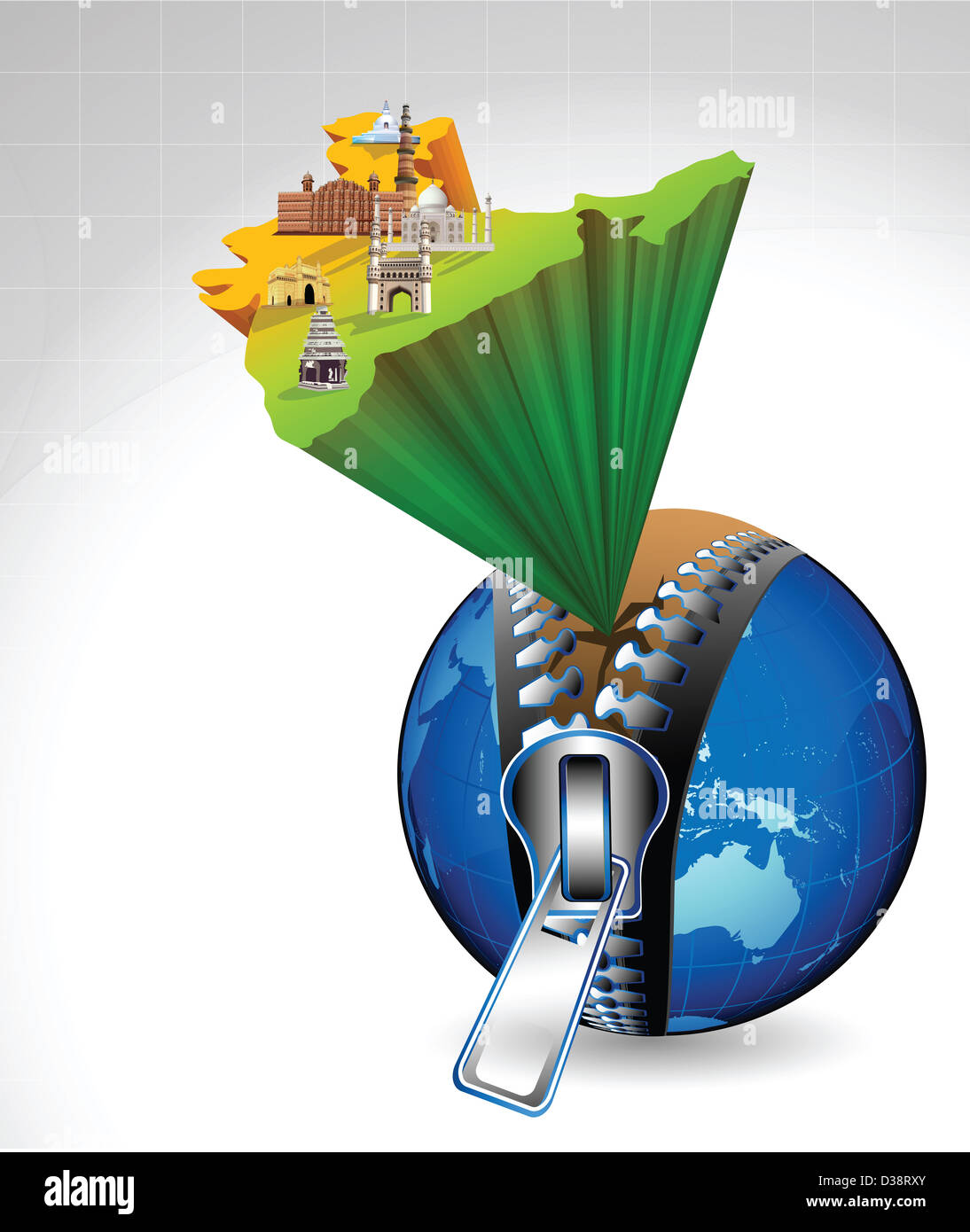 Indische Karte mit Montage von Sehenswürdigkeiten aus Globus Stockfoto
