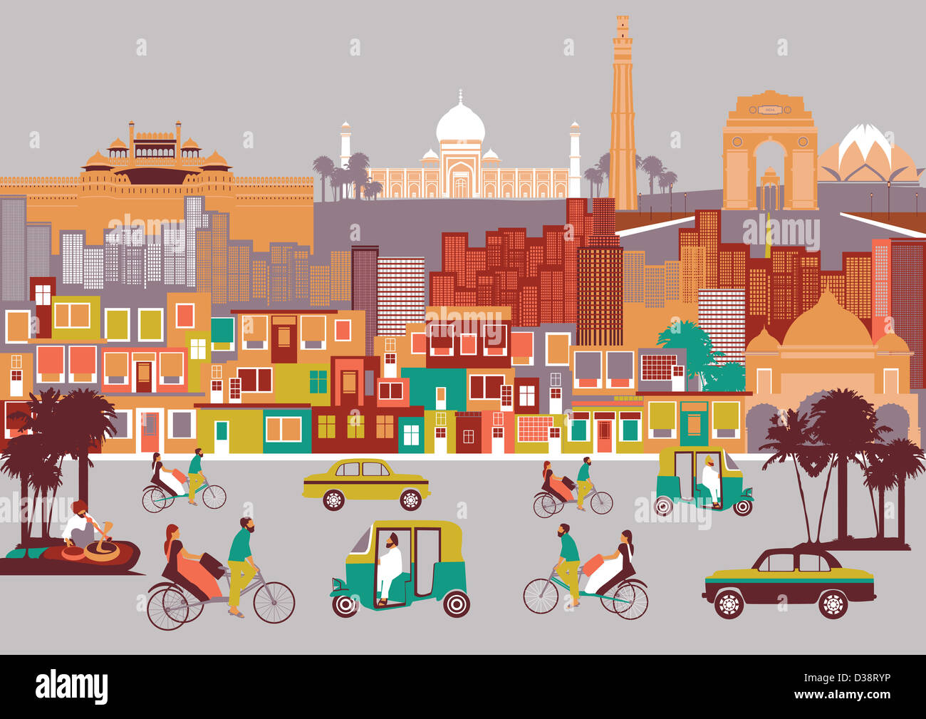 Stadt mit Montage von Sehenswürdigkeiten, New Delhi, Indien Stockfoto