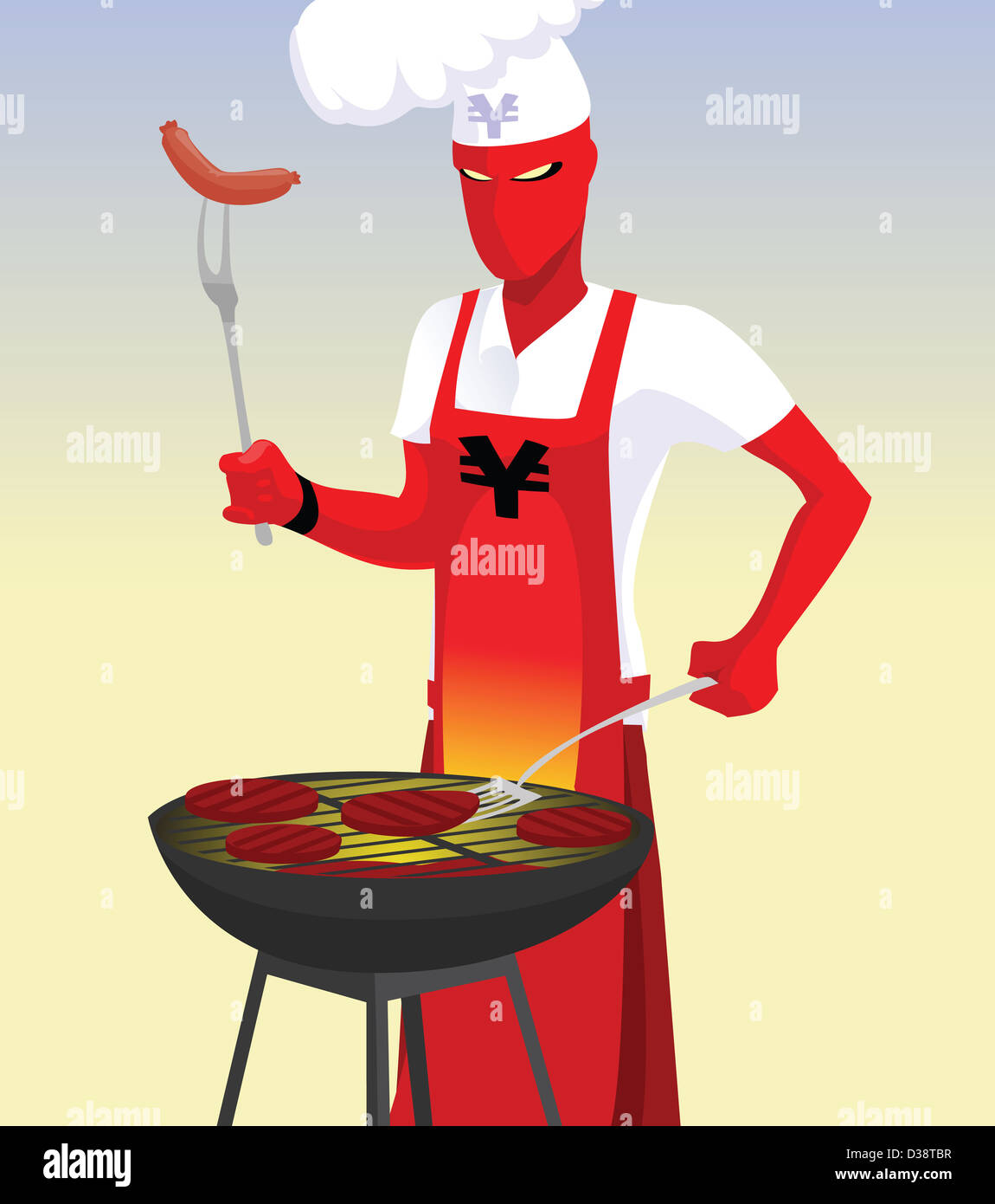 Super-Helden in Kochs weißen Zubereitung von Speisen auf dem Grill Stockfoto