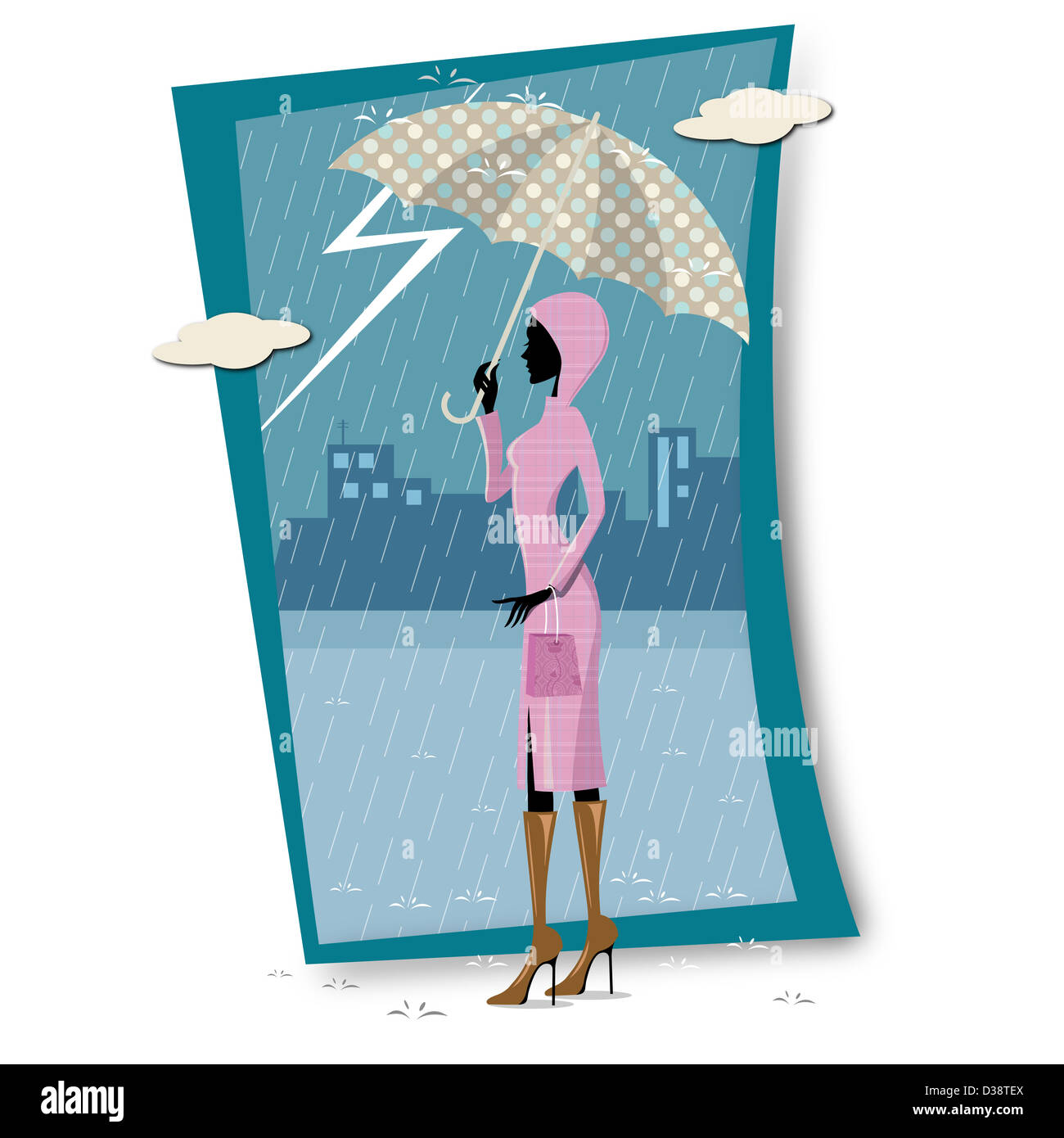 Frau bei Regen unter einem Regenschirm schützt Stockfoto