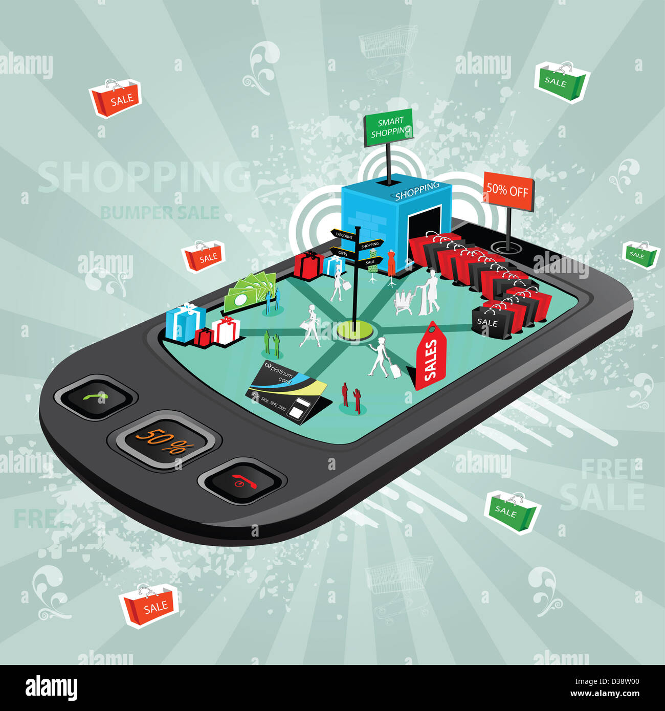 Anschauliche Darstellung zeigt die Verwendung eines Mobiltelefons für e-shopping Stockfoto
