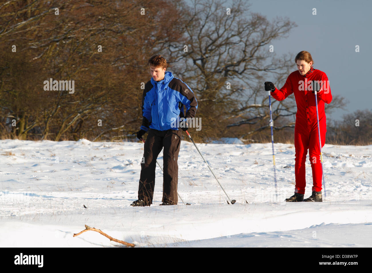 Februar, Mittwoch 13, 2013 – Dyrehaven (Eremitage) nördlich von Kopenhagen. Hervorragende Skibedingungen in Dänemark in dieser Woche.  In Dänemark, auf jeden Fall die wenigsten Ski freundlich von den skandinavischen Ländern, diese paar Tage bieten seltene Möglichkeiten zum Langlaufen. Der dänischen Natur Agentur hat mehrere Pisten ganz über dem Land eröffnet. Im Dyrehaven eine beliebte 10km lange Loipe zusammen mit dem Kopenhagen-Ski-Club. Sonnenschein und Temperaturen um den Gefrierpunkt, 10-15cm frostigen Schnee und sogar die Möglichkeit für eine weitere Ski Reise Morgen. Stockfoto