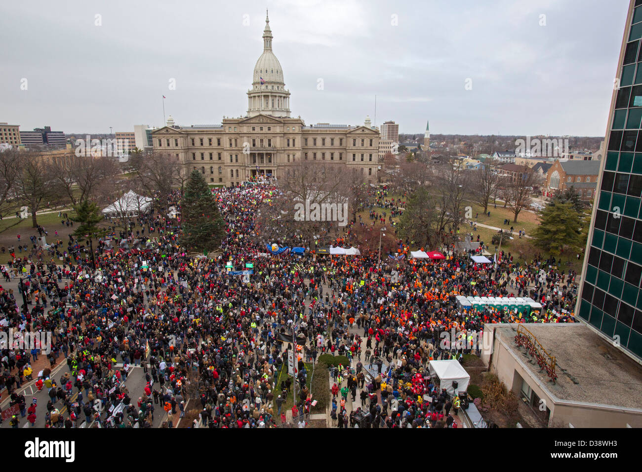 Gewerkschaftsmitglieder protestieren "Recht auf Arbeit" Gesetzgebung Michigan State Capitol Stockfoto