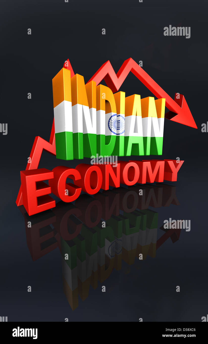 Pfeil Schild zeigt Sturz im indischen Wirtschaft Stockfoto