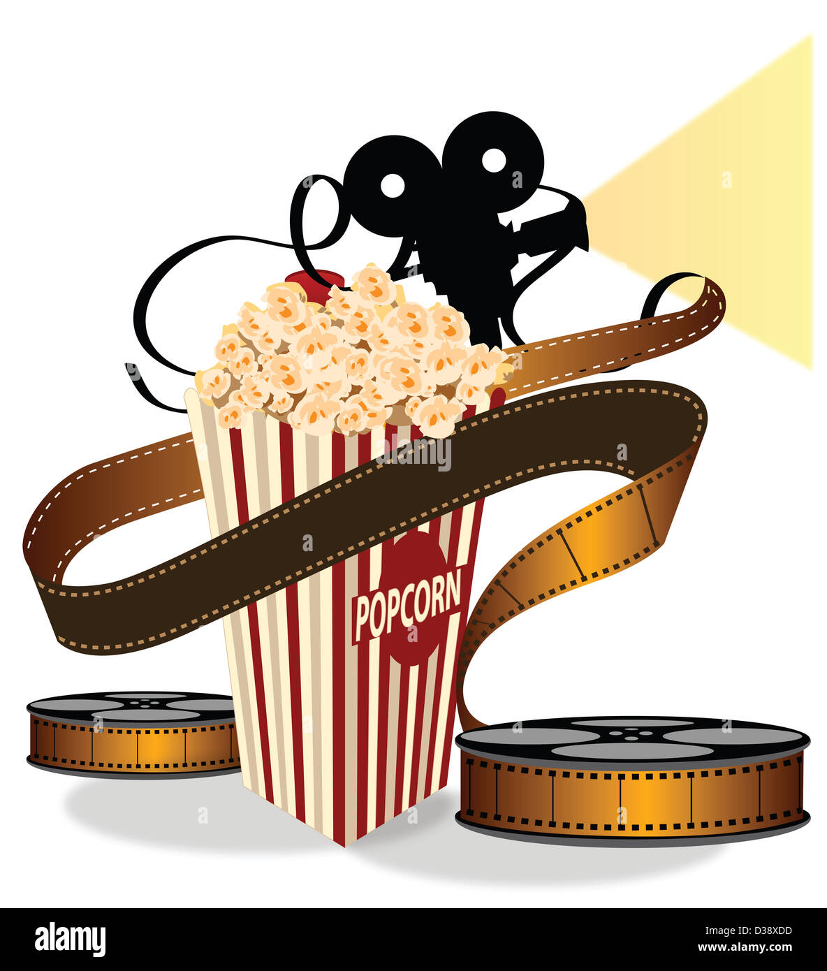 Nahaufnahme von Popcorn mit Filmrolle Stockfoto