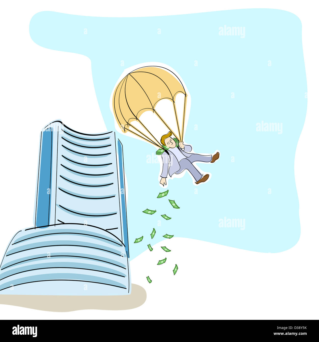 Geschäftsmann dropping Geld aus einem Fallschirm Stockfoto