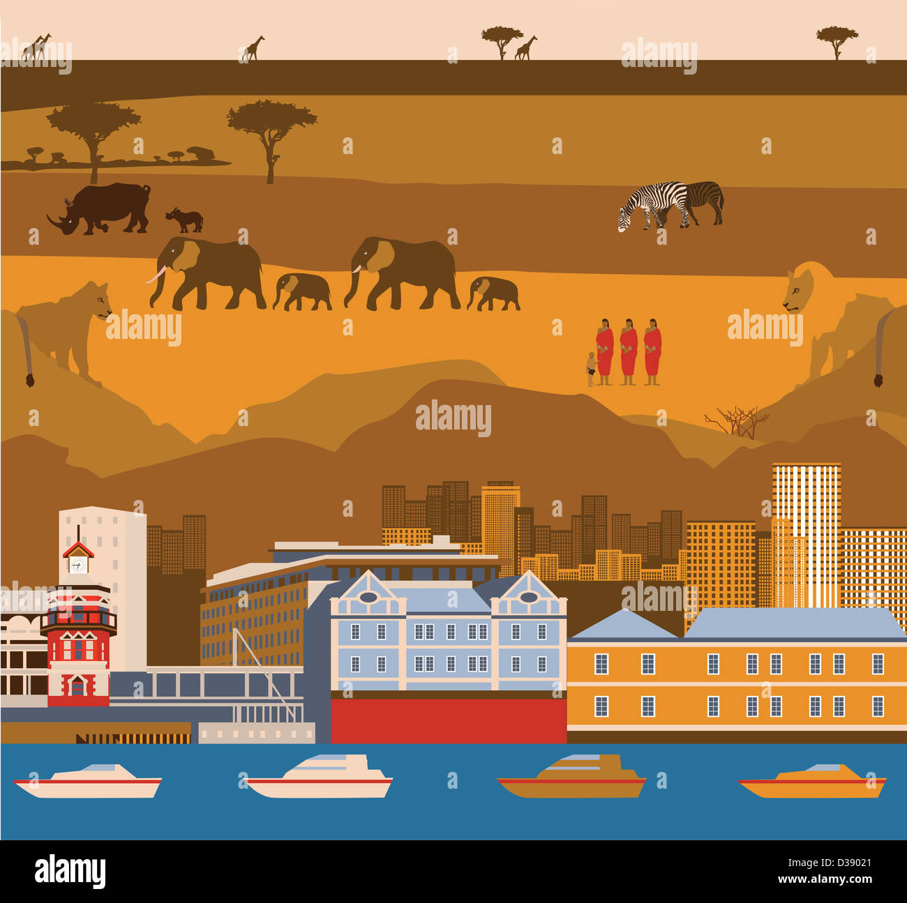 Montage der Waterfront von Kapstadt mit South African Wildlife und Stammes-Leute Stockfoto
