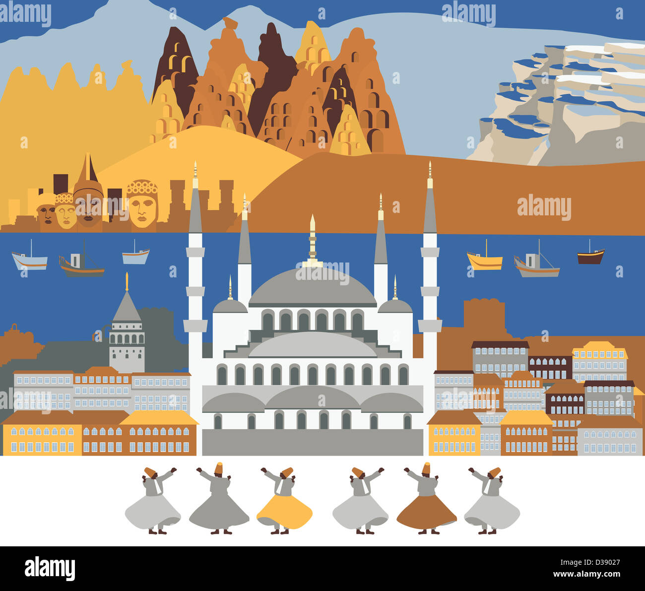 Montage der touristischen Attraktionen der Türkei und traditionellen Sufi-Tanz, Türkei Stockfoto