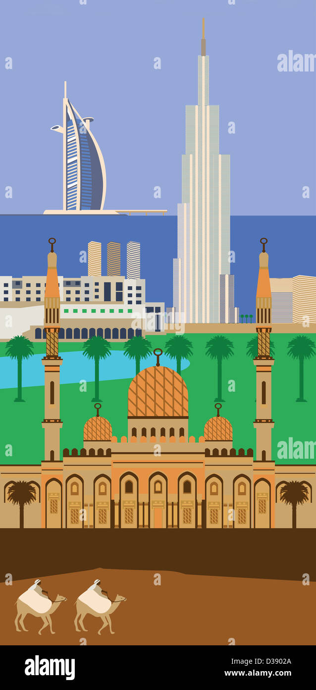 Montage der touristischen Attraktionen der Vereinigten Arabischen Emirate zusammen mit Kamel-Safari, Vereinigte Arabische Emirate Stockfoto