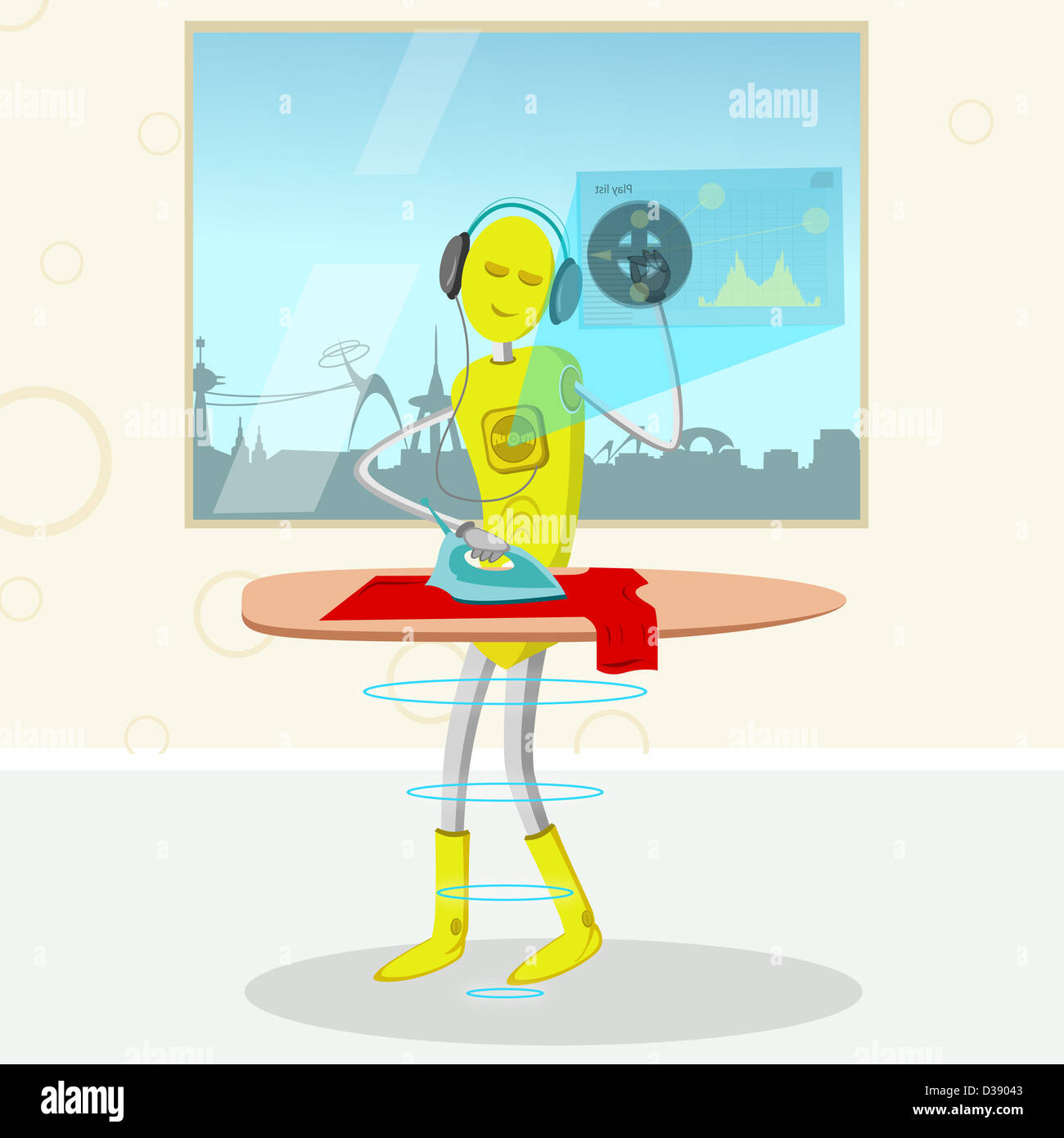 Roboter, Musikhören und Bügeln von Kleidung Stockfoto