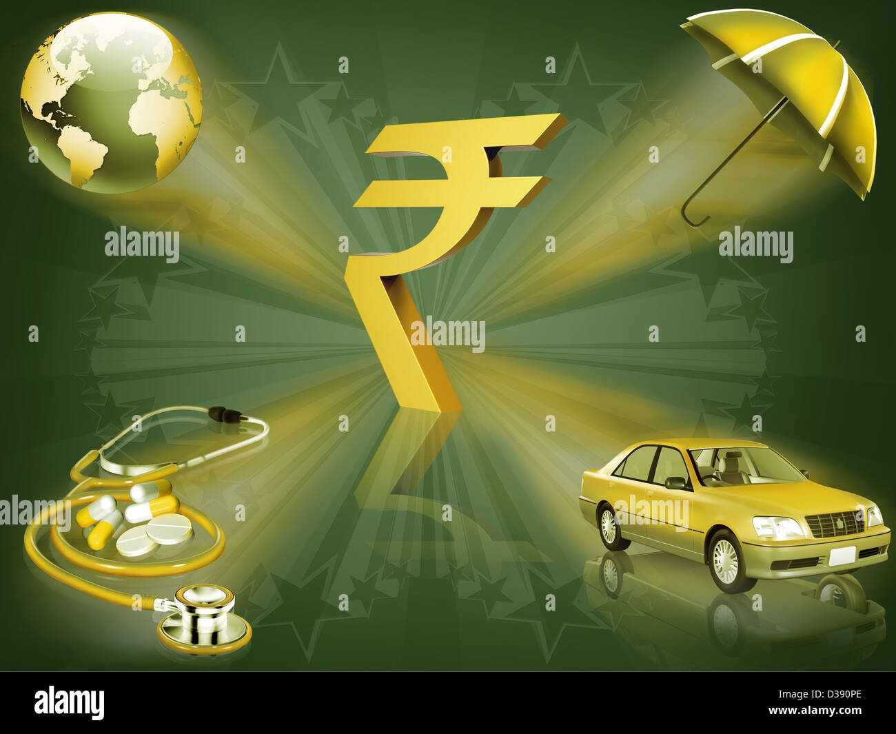 Indische Rupie-Symbol mit mehreren Versicherungen Stockfoto