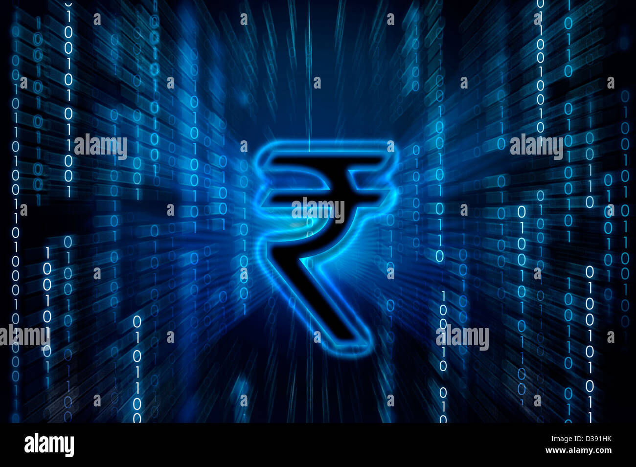 Indische Rupie-Symbol auf Binärziffern Stockfoto
