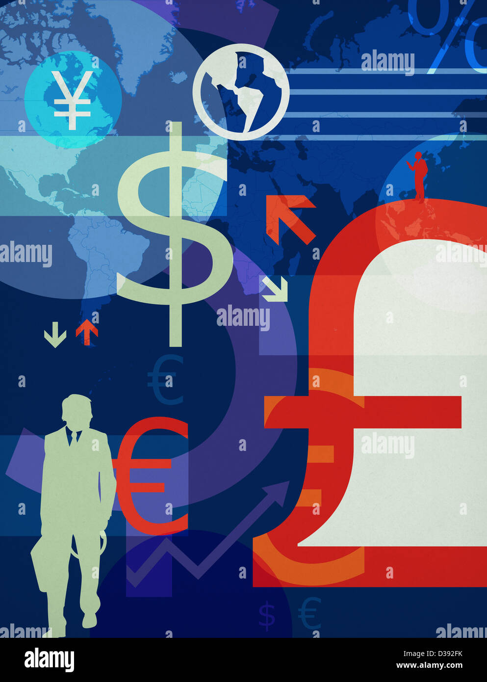 Währungssymbole und Globen Stockfoto