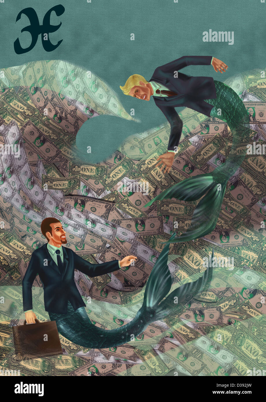 Geschäftsleute der Fische im Meer des Reichtums Stockfoto