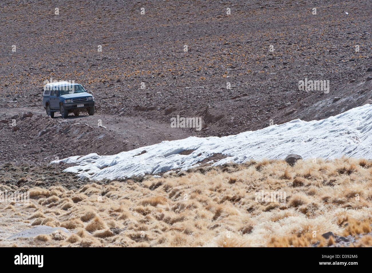 Laguna Santa Rosa Uferstraße verdunkelt durch Schnee Parque Nacional Nevado Tres Cruces hohen Anden Chile Südamerika Stockfoto