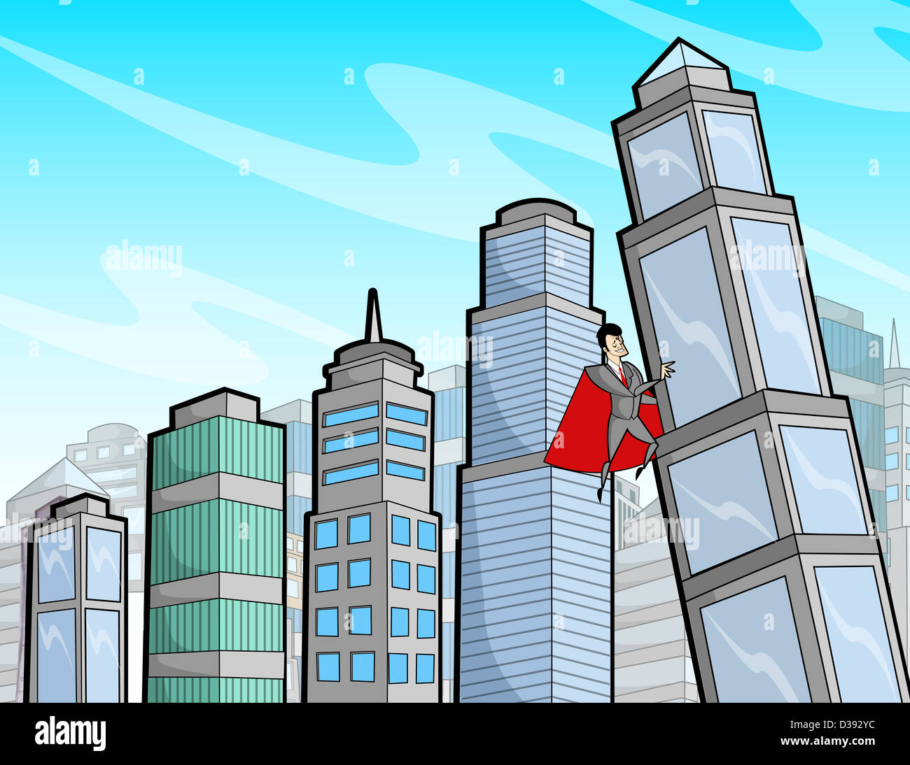 Business-super-Helden unterstützen eine fallende Gebäude Stockfoto