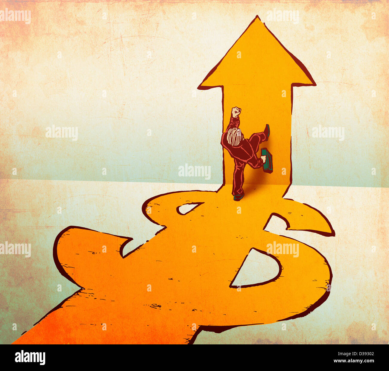 Geschäftsmann zu Fuß auf Pfeil und Dollar-Zeichen Stockfoto