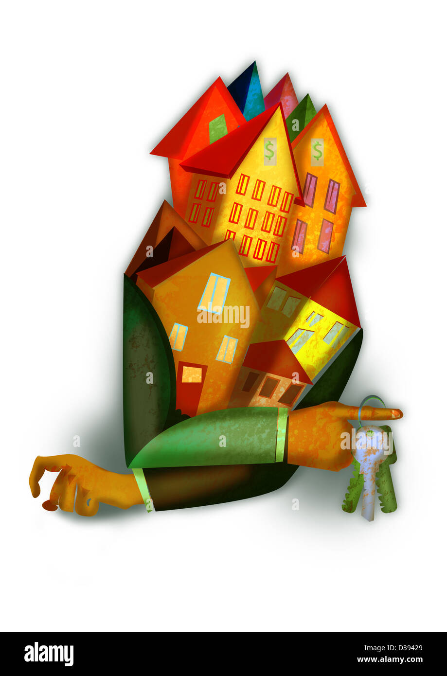 Darstellung der Immobilien-Makler mit Tasten auf weißem Hintergrund Stockfoto