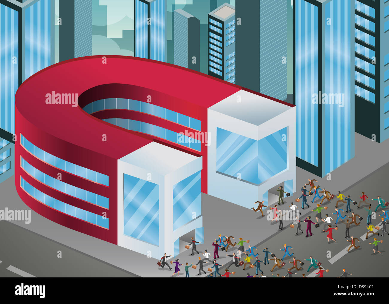 Darstellung der Menschen laufen in Richtung Magnet geformte Gebäude Stockfoto