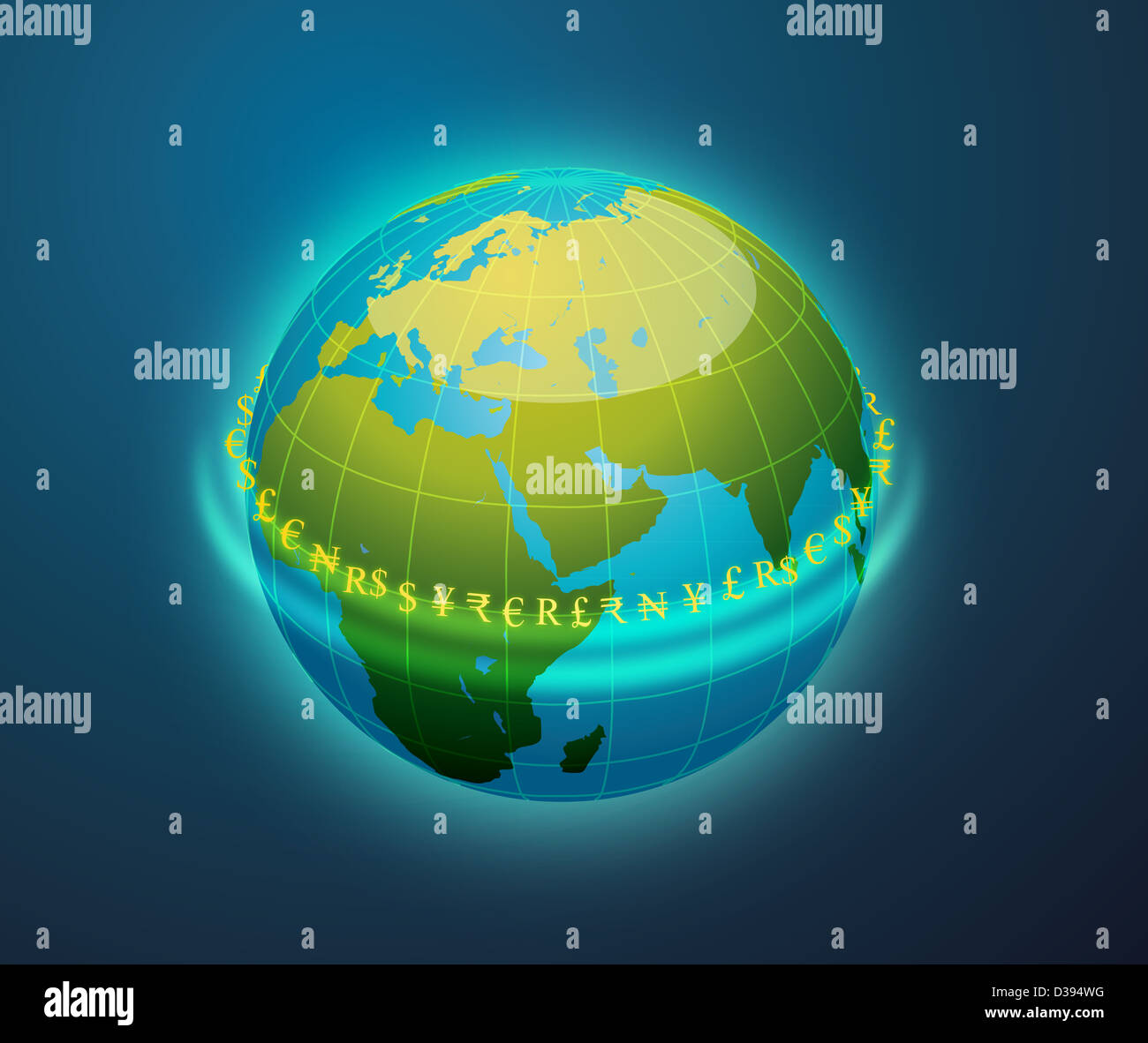 Konzeptbild Welt umgeben von Währungssymbole Darstellung Welt Bank Stockfoto