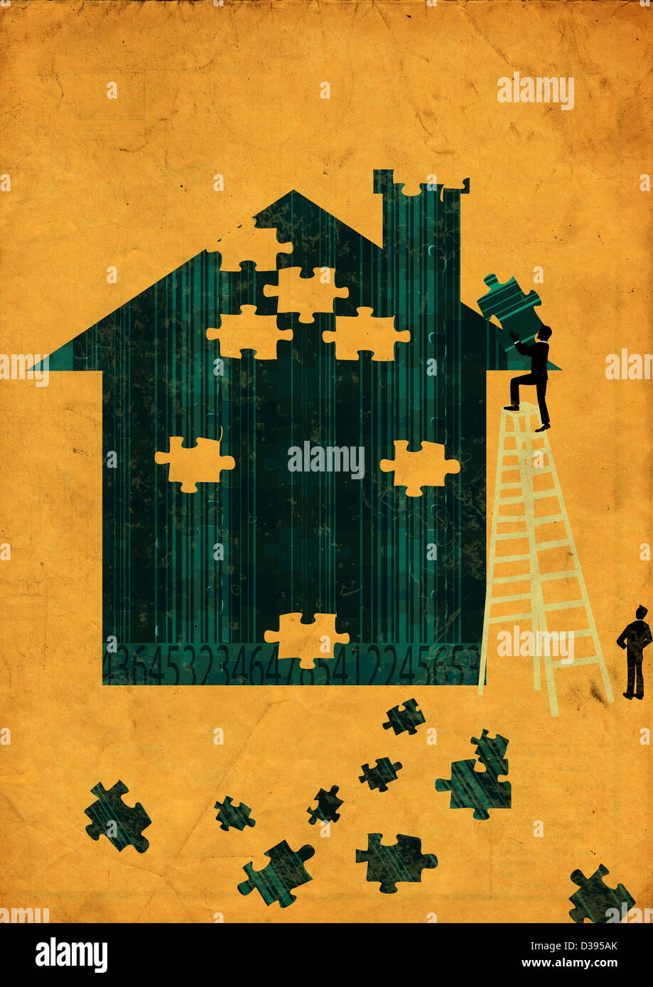 Männer, die Vermittlung von Jigsaw Puzzle-Teile, ein Haus zu bauen Stockfoto
