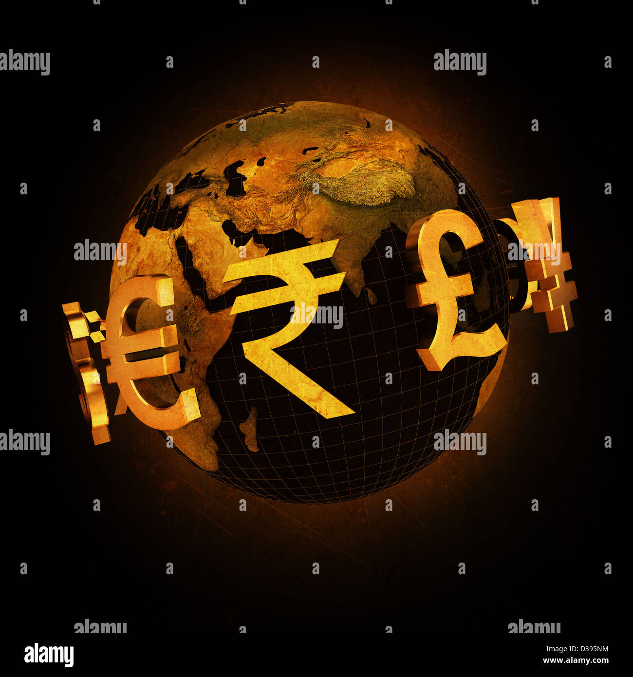 Währungen der Welt rund um Globus auf schwarzem Hintergrund Stockfoto