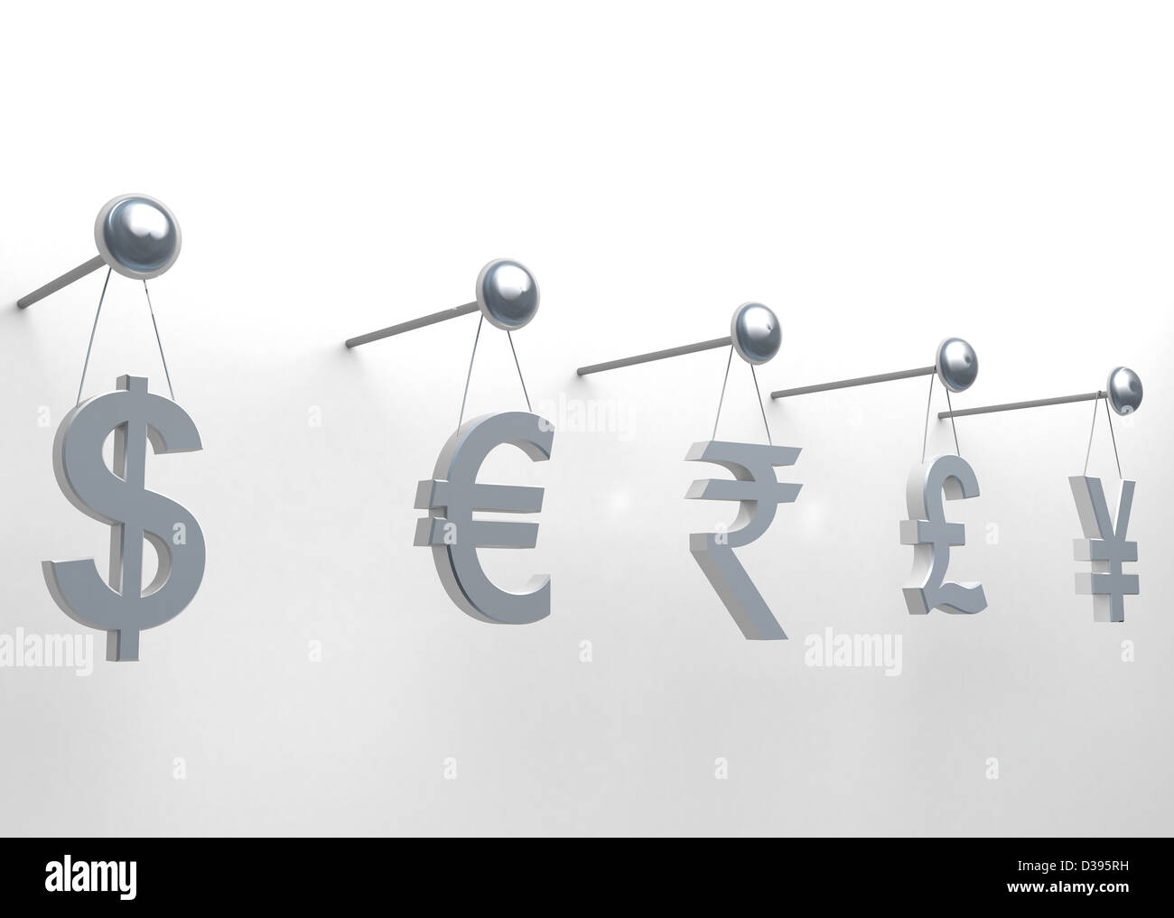 Internationale Währungen hängen Nagel auf weißem Hintergrund Stockfoto