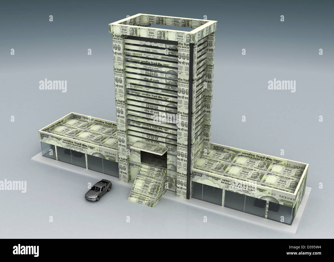 Bürogebäude der indischen Papierwährung über grauen Hintergrund gemacht Stockfoto