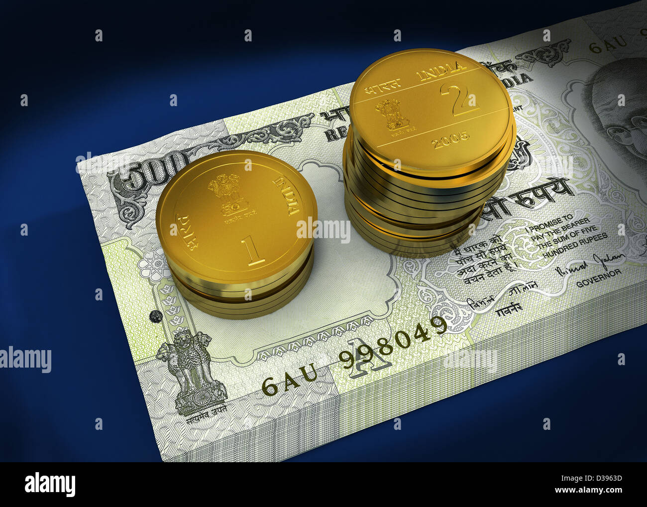 Bündel von indische Geldscheine mit Stapel der Münzen Stockfoto