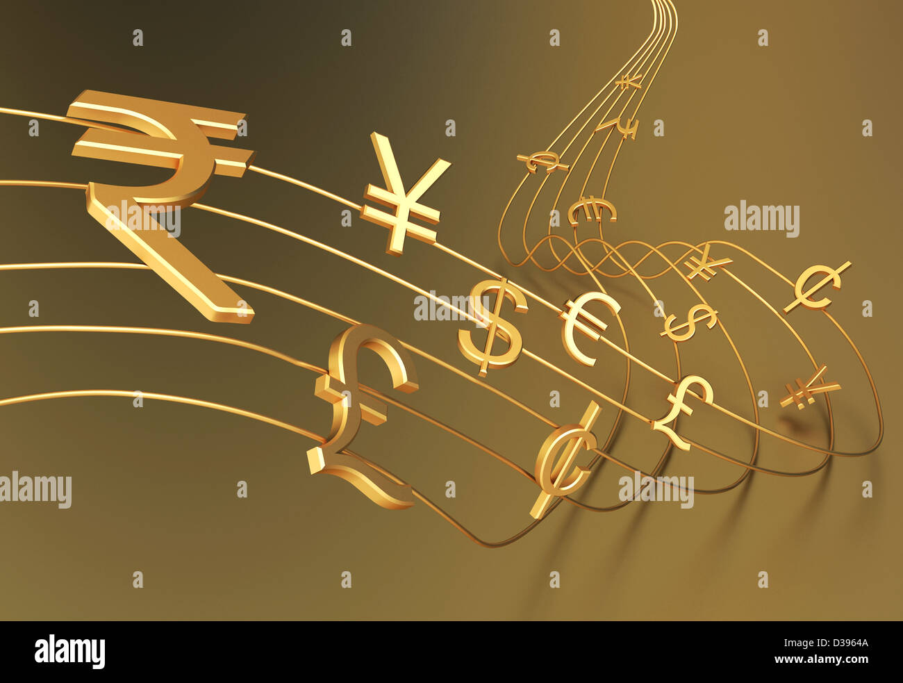 Währungen-Symbole auf musikalische notation Stockfoto
