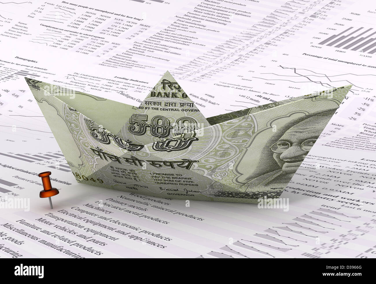 Segelboot gemacht von indischer Währung Hinweis auf Lager Papier auflisten Stockfoto