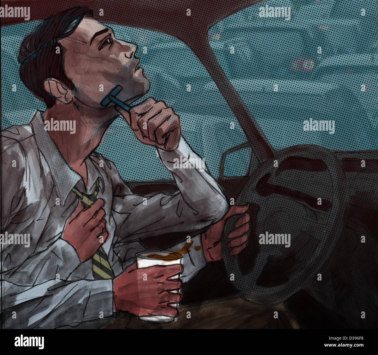 Konzeptionelle Darstellung der Mann während der Fahrt spät bei der Arbeit mit Multitasking Stockfoto