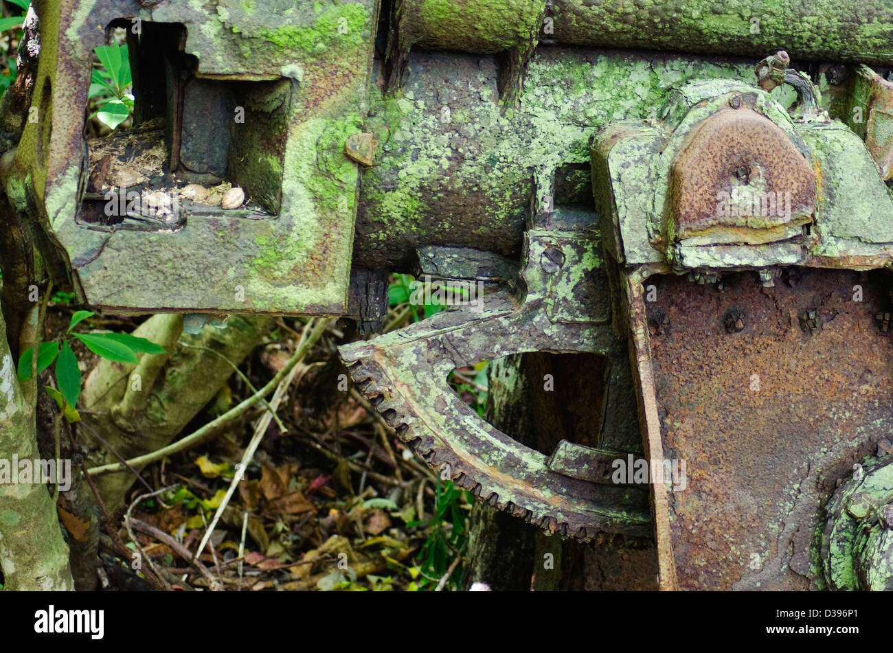 Close-up auf Higashi-Port des zweiten Weltkriegs Searchlight Batterie High-Angle Waffe bleibt Rost auf Hahajima, Ogasawara-Inseln, Tokyo, Japan Stockfoto