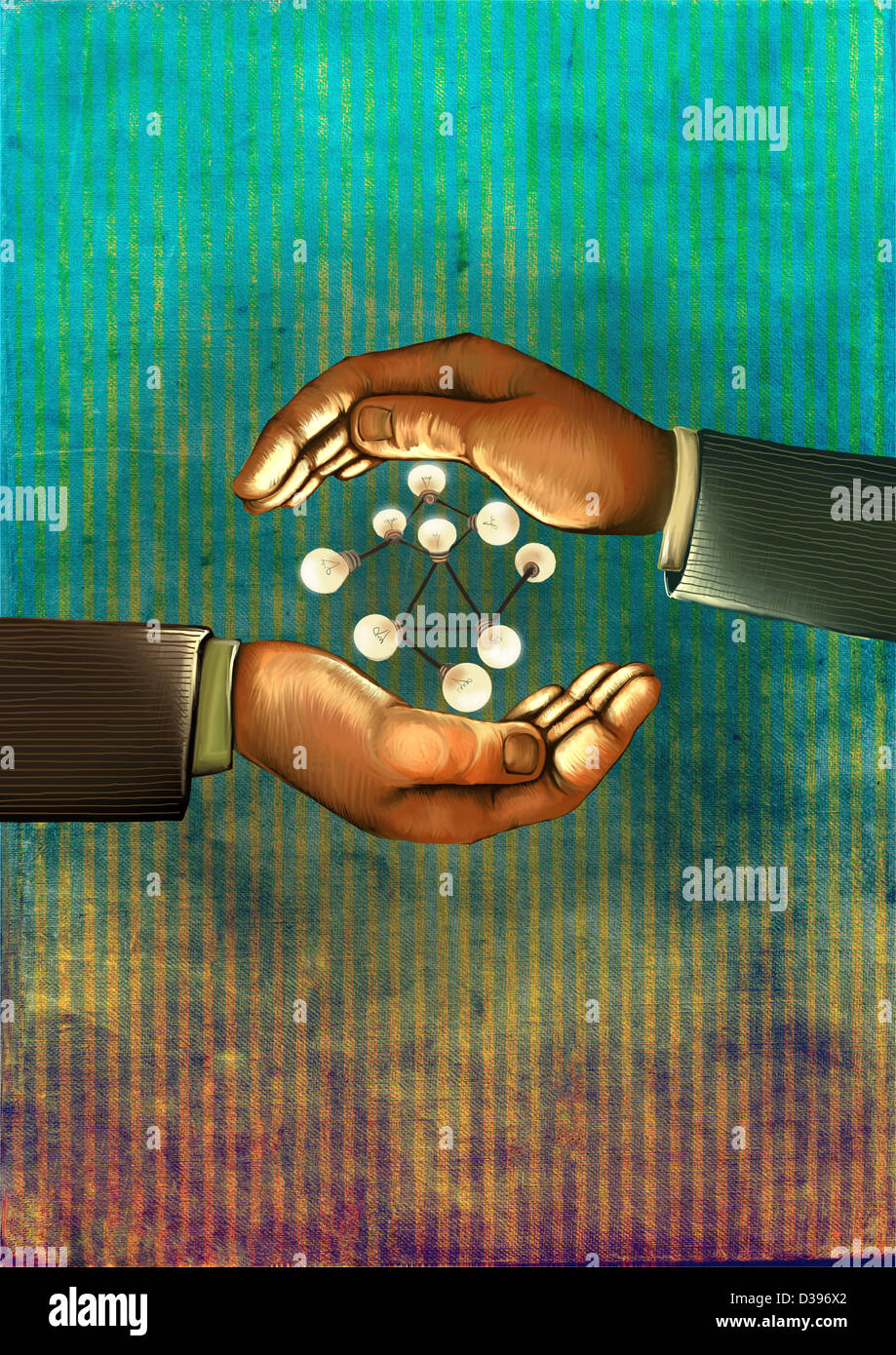 Anschauliches Bild der menschlichen Hand mit Glühbirnen in Atom Struktur Business-networking Stockfoto