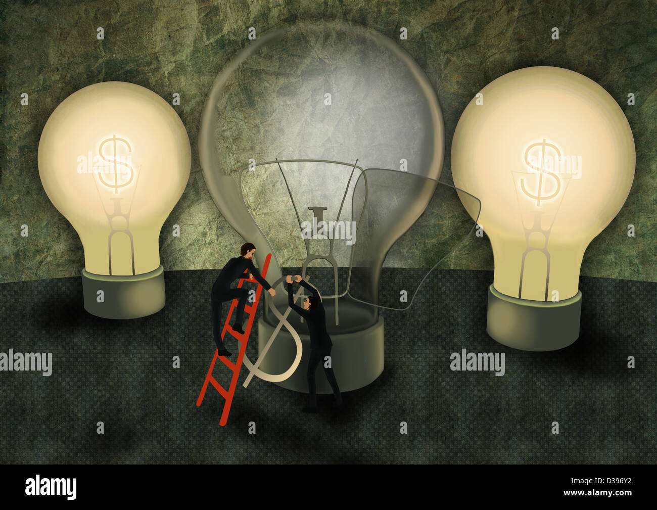 Konzeptionelle Darstellung der Geschäftsleute Sicherungswechsel Dollar geprägt in Partnerschaft mit Glühbirne Stockfoto