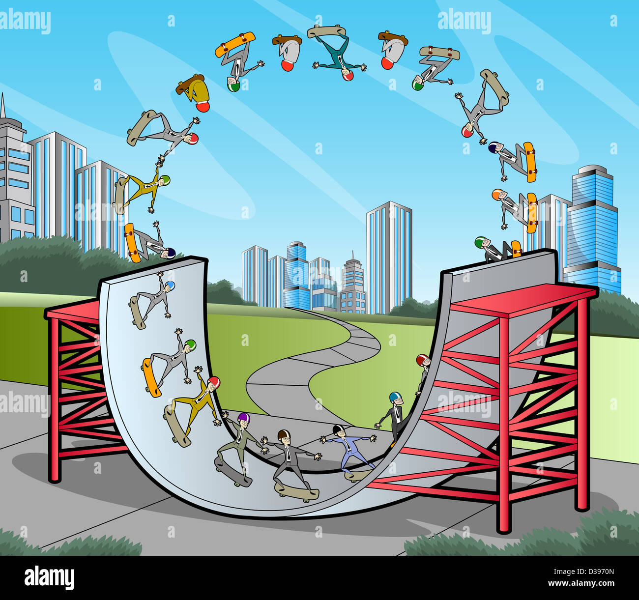 Anschauliches Bild von Geschäftsleuten, die Darstellung einer Unternehmenslebenszyklus zeigt Höhen und Tiefen in der Wirtschaft durch skateboarding Stockfoto