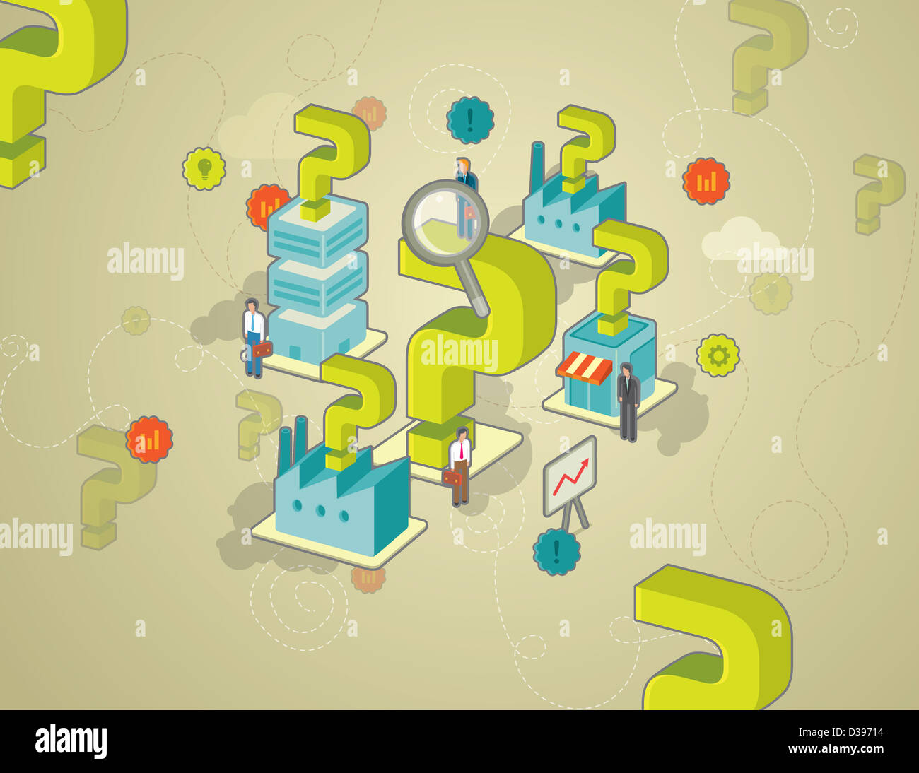 Darstellung von Gebäuden und Industrie mit Fragezeichen umgeben von Geschäftsleuten Darstellung Konzept Unternehmensberatung Stockfoto