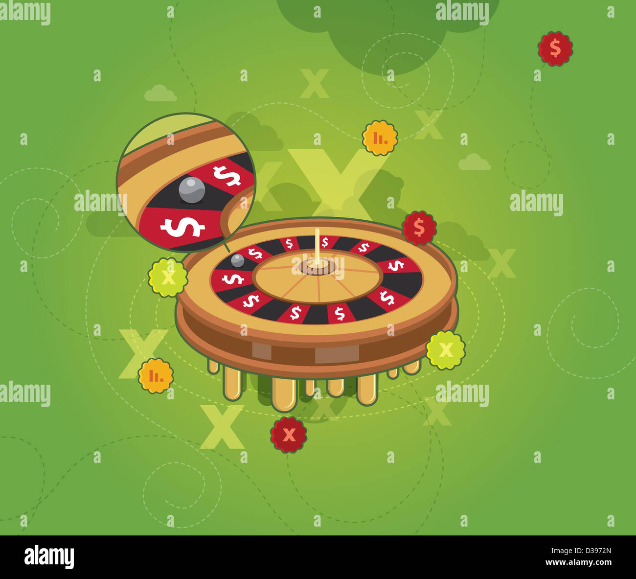 Roulette-Rad mit Vergrößerung auf Roulette-Kugel mit Verlust des Spiels Stockfoto