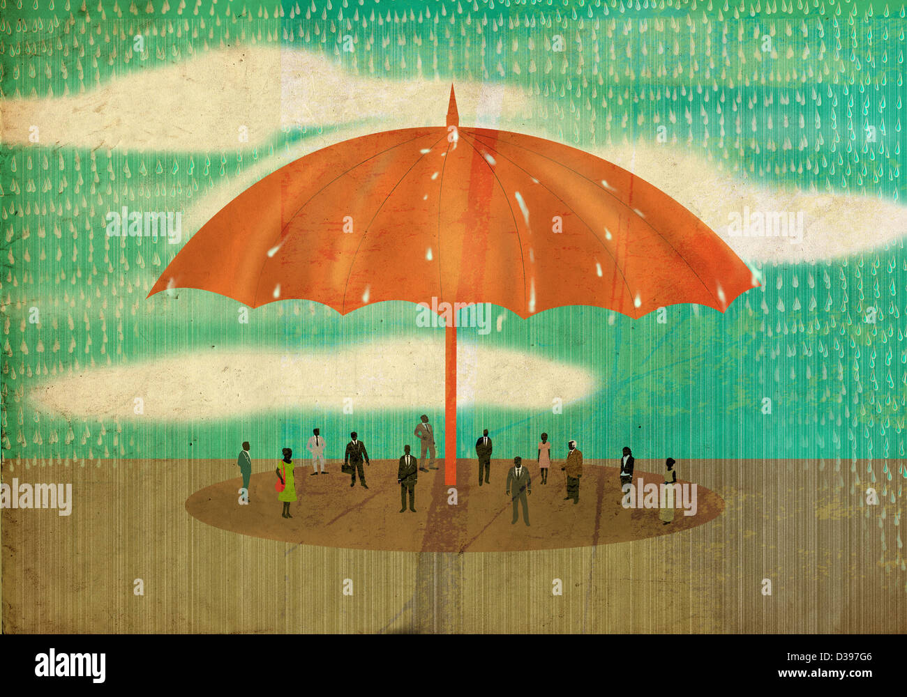 Konzeptionelle Darstellung der Menschen stehen unter großen Schirm im Regen mit Versicherungsschutz Stockfoto