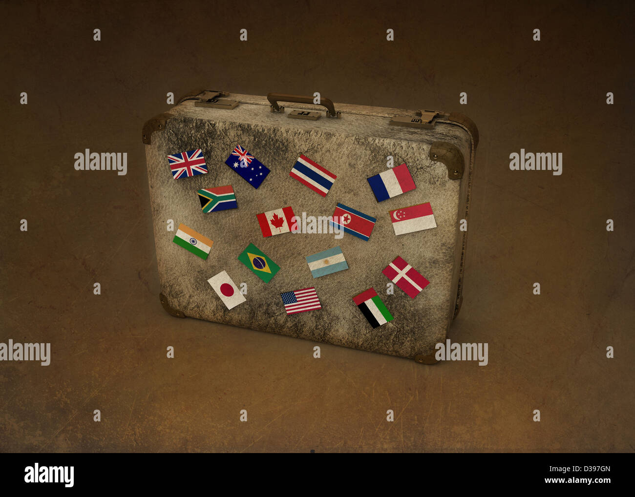 Konzeptbild von Nationalflaggen verschiedener Länder auf Koffer, weltweite Geschäftsreisen darstellt Stockfoto