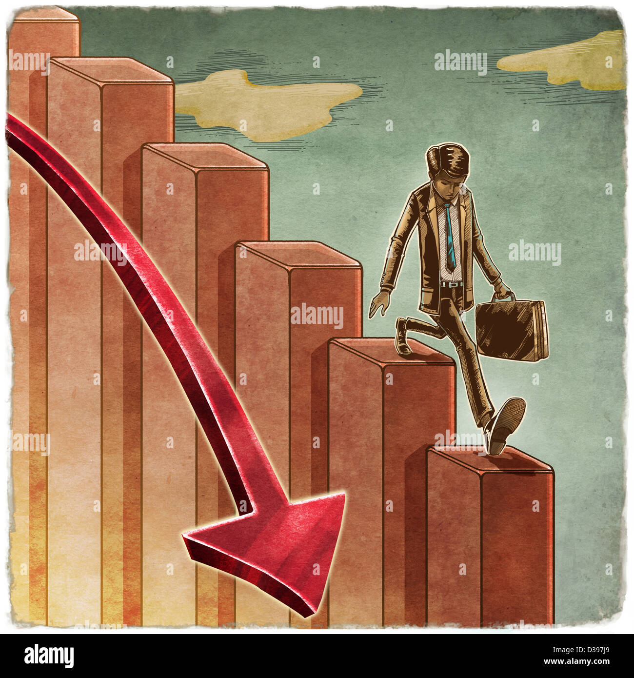 Geschäftsmann mit Aktenkoffer verschieben Sie den Balken zusammen mit Pfeil-Symbol Darstellung der wirtschaftlichen Rezession Stockfoto